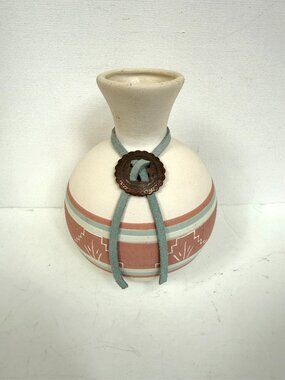 Vtg Handmade Native American Southwest Pottery Vase Metal Concho Leather Cord